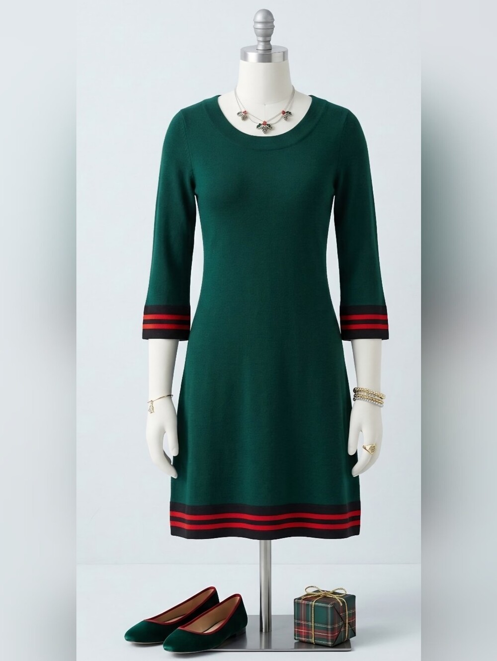 Boden Forest Green Midi Knit Dress with Red and Black Stripe Trim